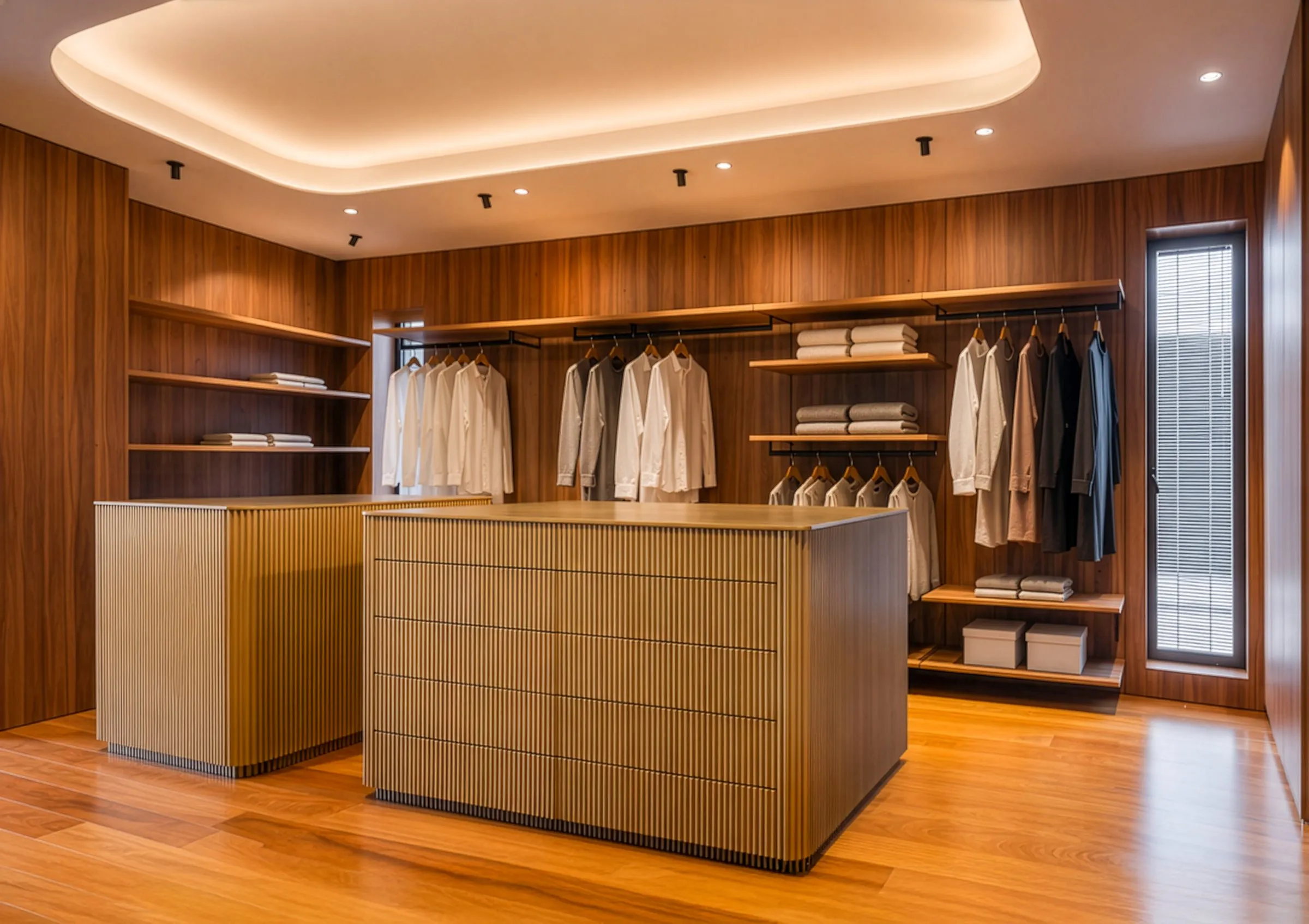 Vestidor de Villa Möet panelado en nogal con isla central estriada y luz perimetral